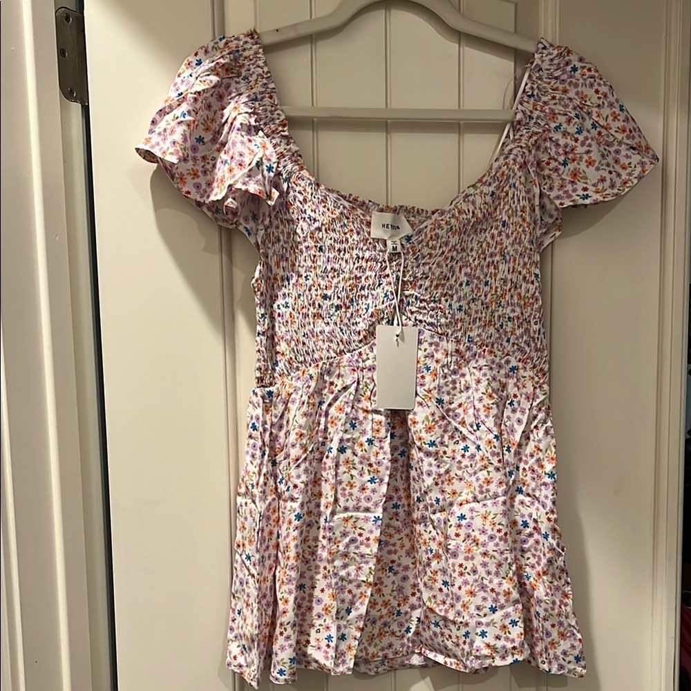 Heyson Pink and White Flutter Sleeve‎ Smocked Blouse Size M